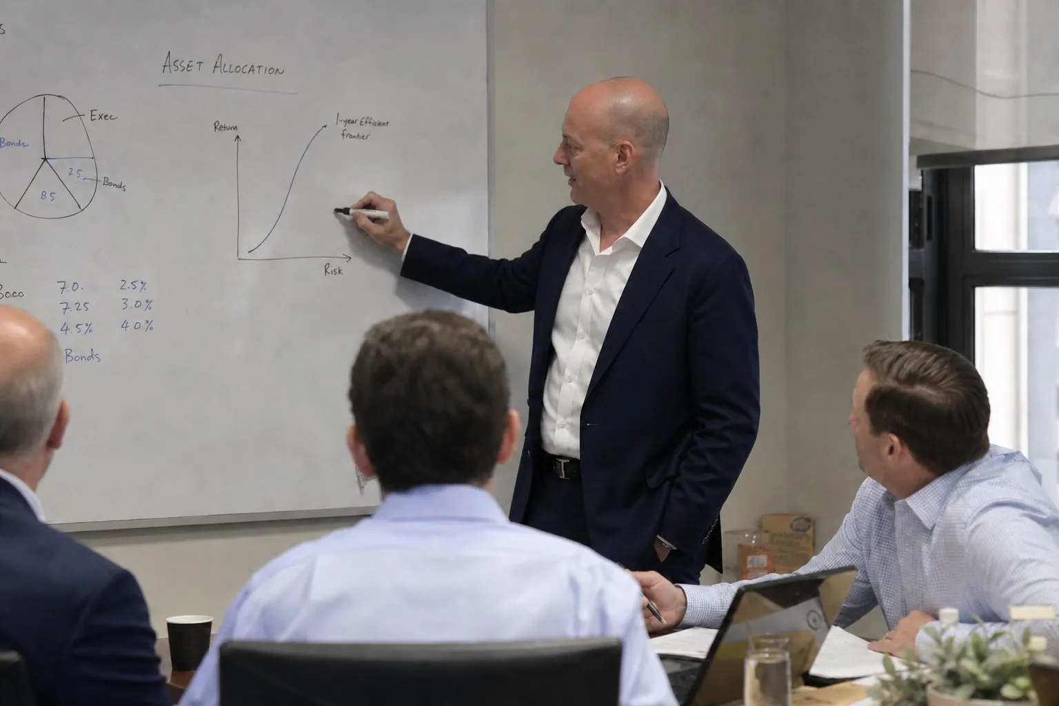 Peter DeCaprio at a whiteboard sketching a risk and return curve while three colleagues follow the asset allocation discussion