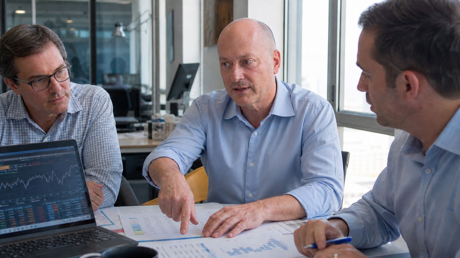 Peter DeCaprio pointing to a printed portfolio report while reviewing positions with two colleagues at an office table